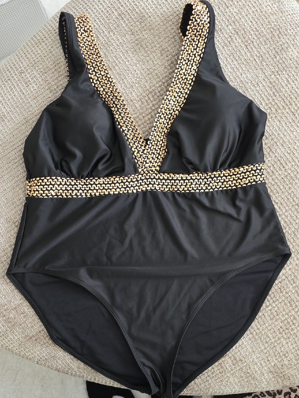 SHEIN Black One-Piece Swim with Gold Accent